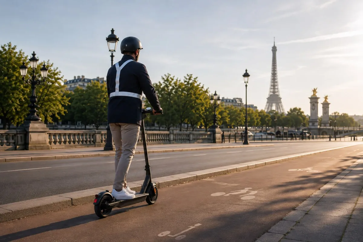 Adulte portant un casque sur une trottinette électrique à Paris